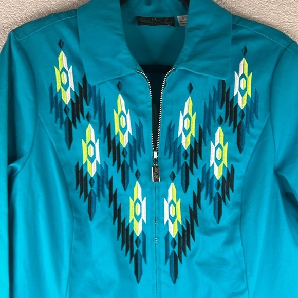 Bob Mackie Turquoise Southwest Embroidered Zip Down Lightweight Jacket Sz Small - Picture 2 of 7
